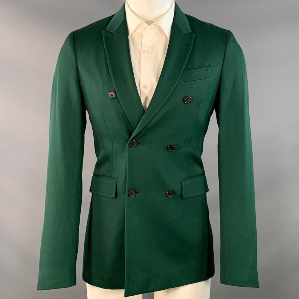 CALVIN KLEIN 205W39NYC 36 Green Wool Twill Double Breasted Peak Lapel Sport Coat